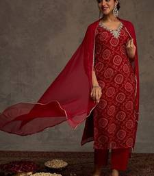 Bandhani Printed Straight Sequinned Work Kurta With Trousers & Dupatta