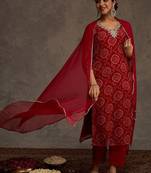 Bandhani Printed Straight Sequinned Work Kurta With Trousers & Dupatta