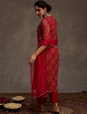 Bandhani Printed Straight Sequinned Work Kurta With Trousers & Dupatta 4
