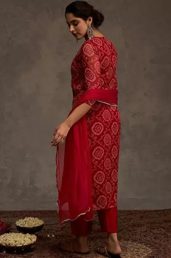 Bandhani Printed Straight Sequinned Work Kurta With Trousers & Dupatta