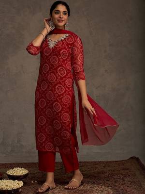 Bandhani Printed Straight Sequinned Work Kurta With Trousers & Dupatta 5