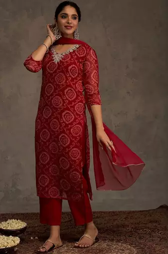 Bandhani Printed Straight Sequinned Work Kurta With Trousers & Dupatta