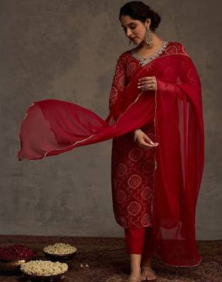 Bandhani Printed Straight Sequinned Work Kurta With Trousers & Dupatta 6
