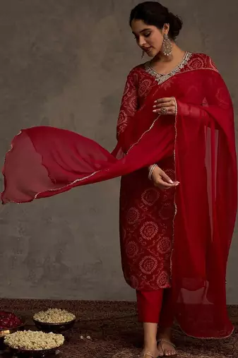 Bandhani Printed Straight Sequinned Work Kurta With Trousers & Dupatta