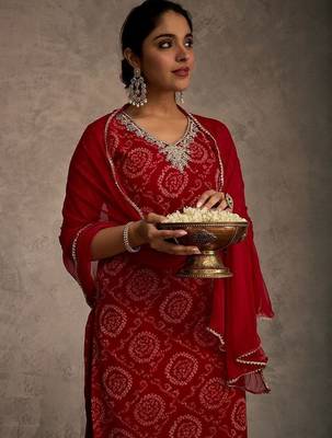 Bandhani Printed Straight Sequinned Work Kurta With Trousers & Dupatta 7