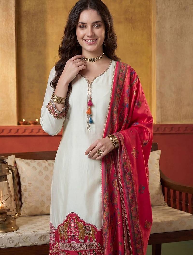 Women Ethnic Motifs Printed Regular Thread Work Kurta with Trousers & With Dupatta