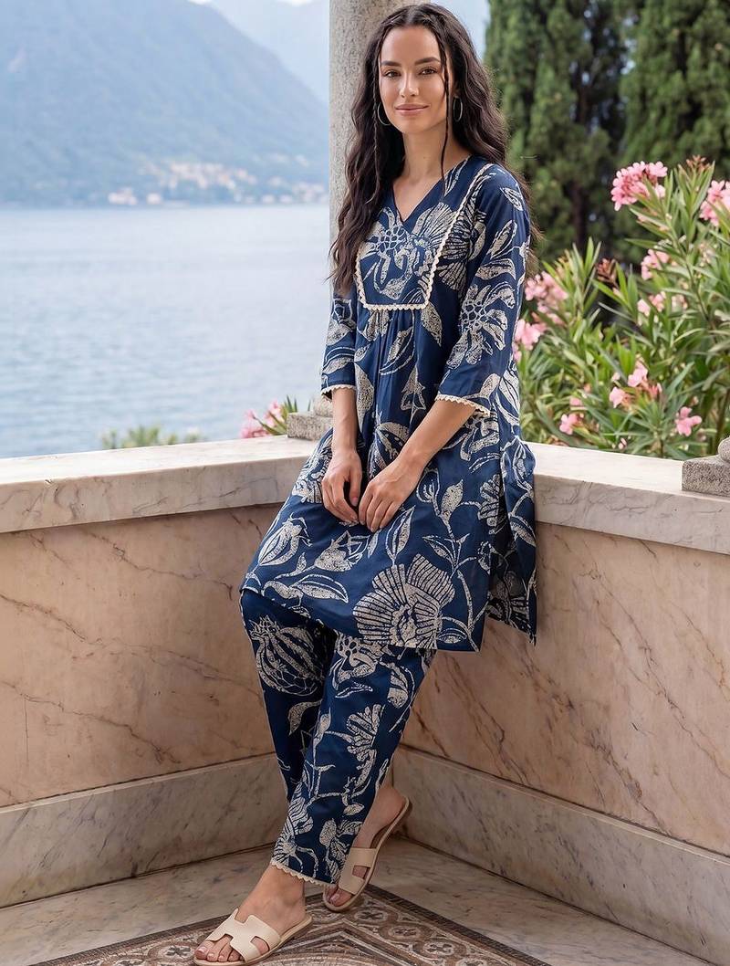 Women Floral Printed Empire  Cotton Kurti with Trousers