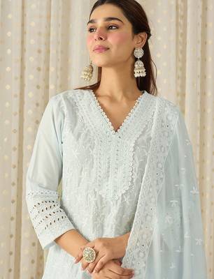 Women Ethnic Motifs Embroidered Regular Thread Work  Cotton Kurta with Trousers & With Dupatta 2