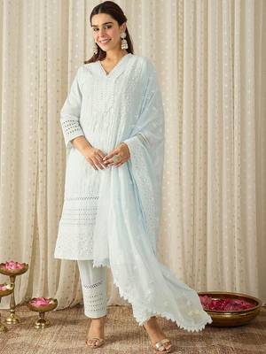 Women Ethnic Motifs Embroidered Regular Thread Work  Cotton Kurta with Trousers & With Dupatta 4