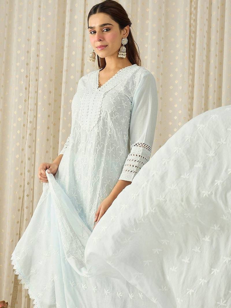 Women Ethnic Motifs Embroidered Regular Thread Work  Cotton Kurta with Trousers & With Dupatta
