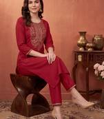 Women Ethnic Motifs Embroidered Regular Thread Work  Cotton Kurta with Trousers