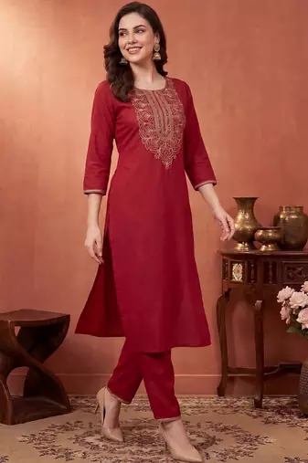 Women Ethnic Motifs Embroidered Regular Thread Work  Cotton Kurta with Trousers