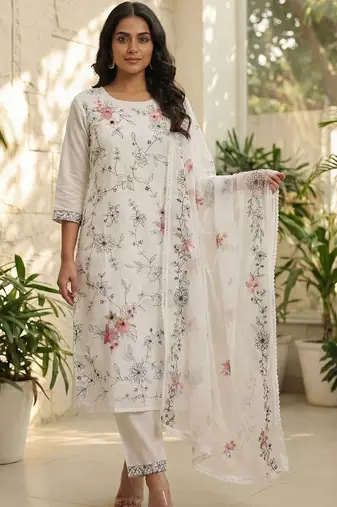 Women Floral Embroidered Regular Kurta with Trousers & With Dupatta