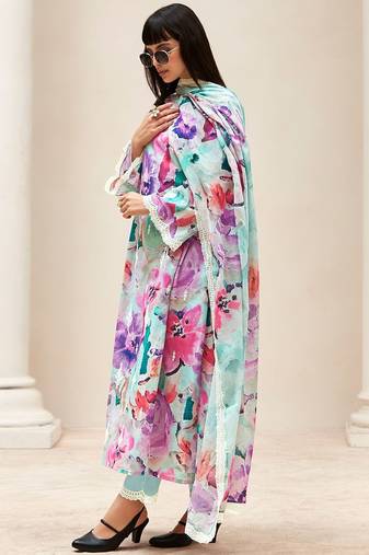 Women Floral Embroidered Thread Work Kurta with Trousers & With Dupatta