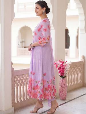 Women Floral Printed Tiered  Cotton Kurta with Trousers & With Dupatta 4