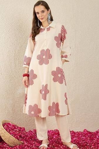 Floral Printed  Cotton A Line Kurta With Trousers