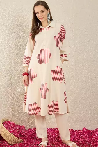 Floral Printed  Cotton A Line Kurta With Trousers