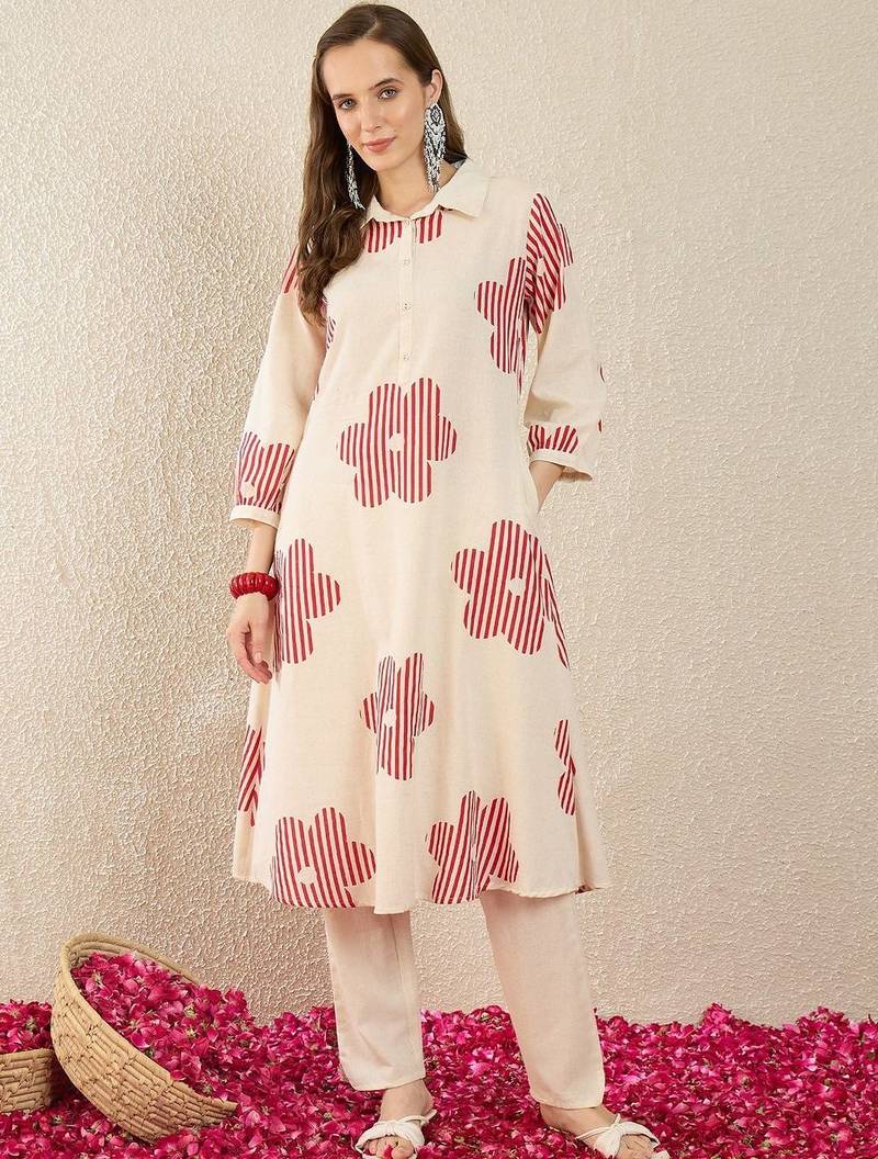 Floral Printed  Cotton A Line Kurta With Trousers