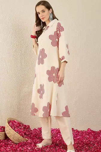 Floral Printed  Cotton A Line Kurta With Trousers