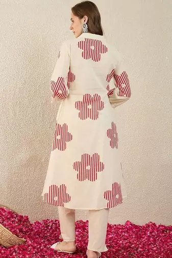 Floral Printed  Cotton A Line Kurta With Trousers