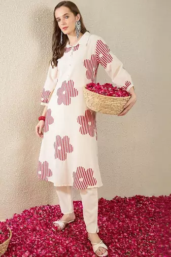 Floral Printed  Cotton A Line Kurta With Trousers