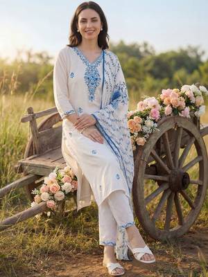 Women Floral Embroidered Regular Thread Work  Cotton Kurta with Trousers & With Dupatta 1