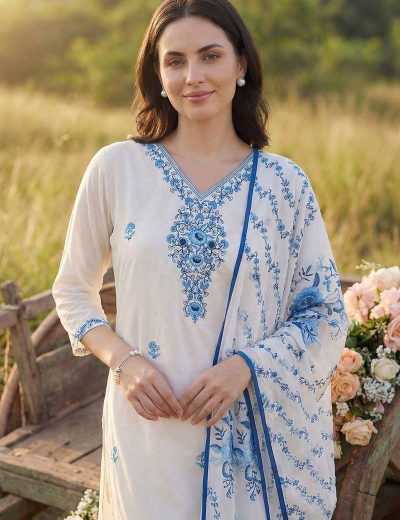 Women Floral Embroidered Regular Thread Work  Cotton Kurta with Trousers & With Dupatta