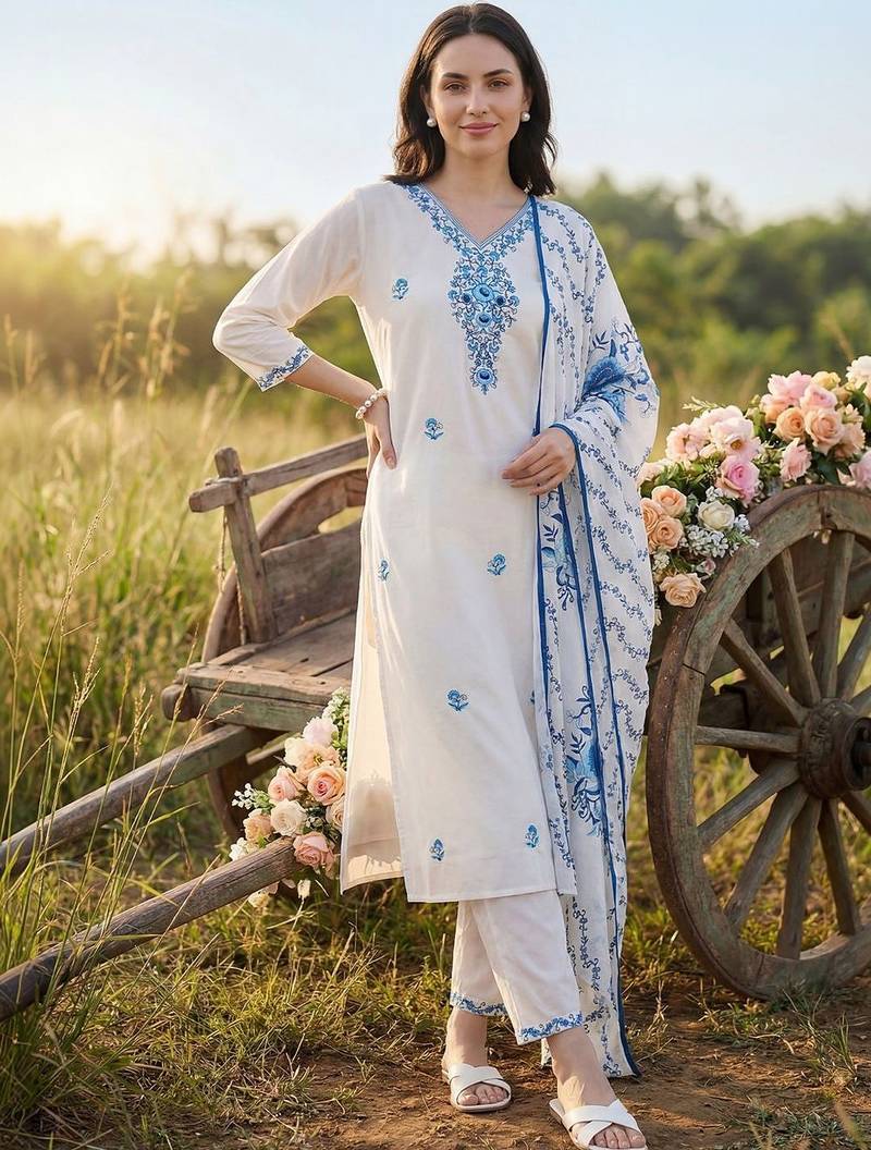 Women Floral Embroidered Regular Thread Work  Cotton Kurta with Trousers & With Dupatta