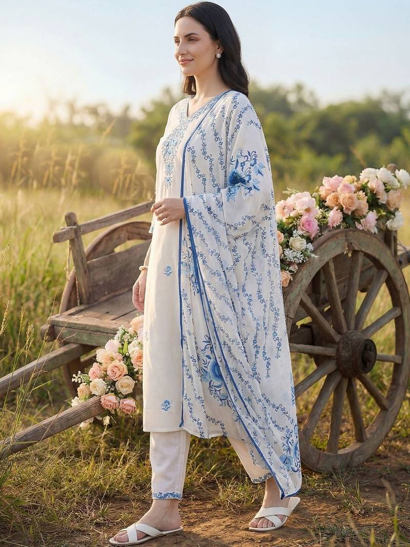 Women Floral Embroidered Regular Thread Work  Cotton Kurta with Trousers & With Dupatta