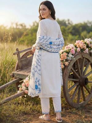 Women Floral Embroidered Regular Thread Work  Cotton Kurta with Trousers & With Dupatta 5