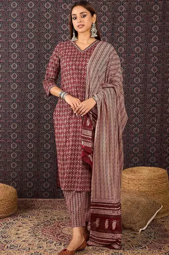 Women Ethnic Motifs Printed Regular  Cotton Kurta Trousers With Dupatta