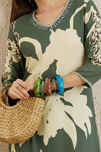 Floral Printed V-Neck Sequinned Straight Kurta with Salwar