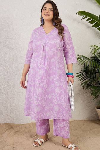Plus Size Lavender Printed A-Line Kurta Trousers Set