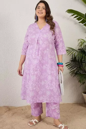 Plus Size Lavender Printed A-Line Kurta Trousers Set