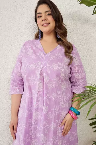 Plus Size Lavender Printed A-Line Kurta Trousers Set