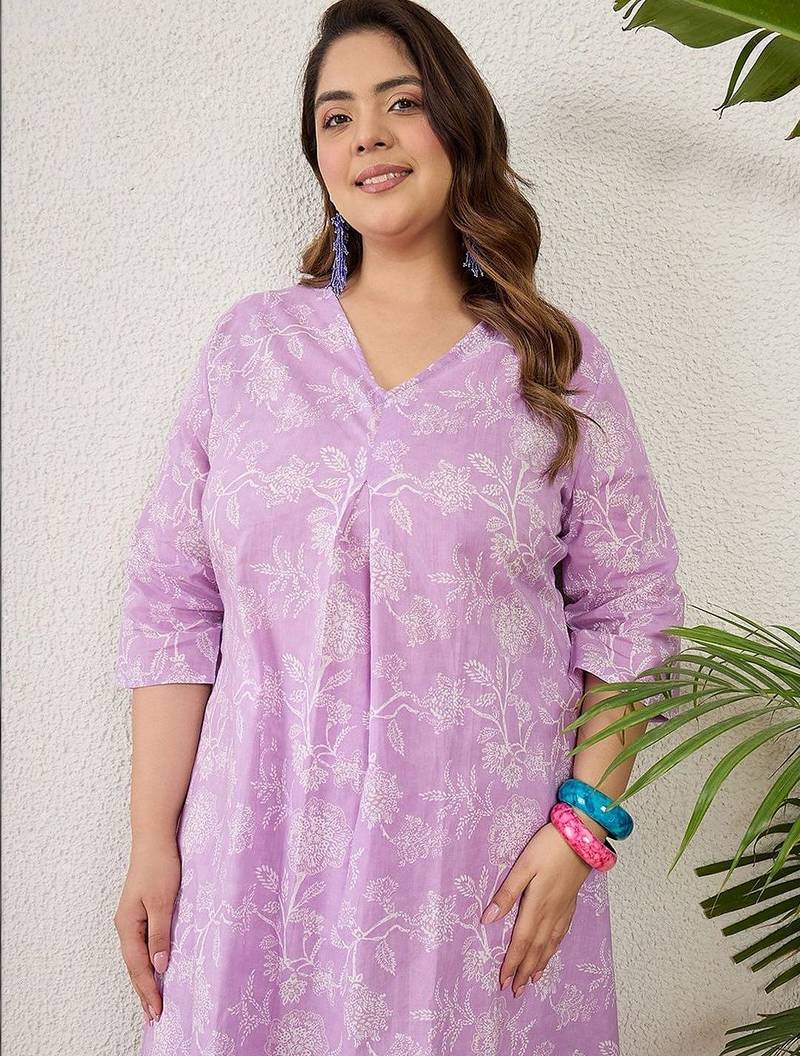Plus Size Lavender Printed A-Line Kurta Trousers Set