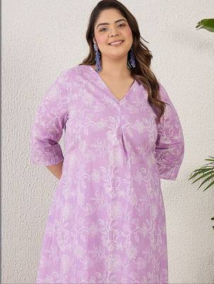 Plus Size Lavender Printed A-Line Kurta Trousers Set 4