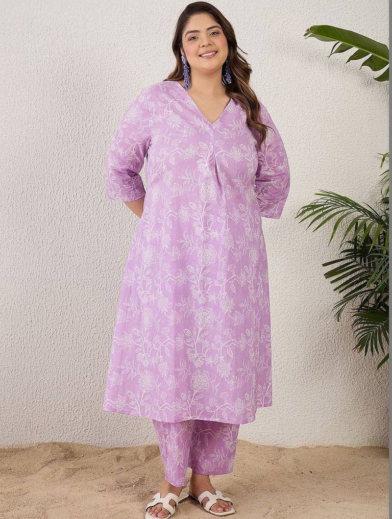 Plus Size Lavender Printed A-Line Kurta Trousers Set