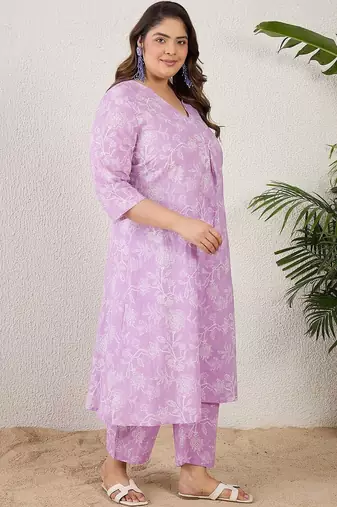Plus Size Lavender Printed A-Line Kurta Trousers Set