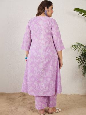 Plus Size Lavender Printed A-Line Kurta Trousers Set 7