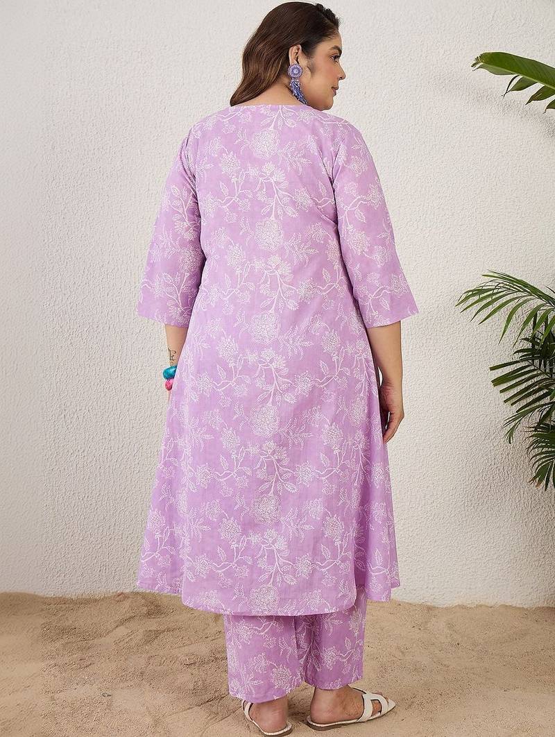 Plus Size Lavender Printed A-Line Kurta Trousers Set
