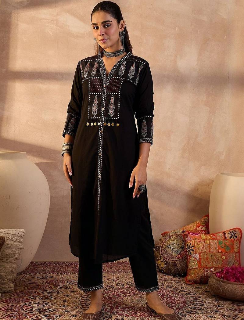 Women Embroidered  Cotton Kurta With Trousers & Dupatta Kurta Sets