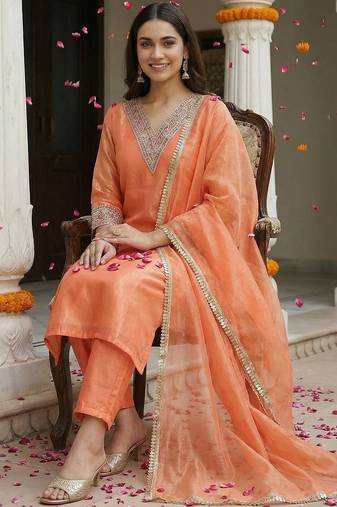 Women Ethnic Motifs Embroidered Regular Sequinned Kurta with Trousers & With Dupatta
