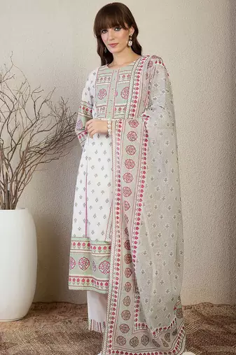 Women Floral Printed Cotton Kurta with Trousers & Dupatta