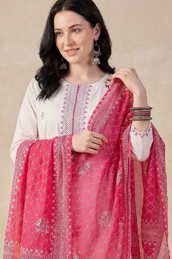 Women Ethnic Motifs Embroidered Regular Thread Work  Cotton Kurta with Trousers & With Dupatta