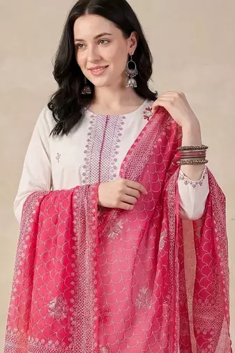 Women Ethnic Motifs Embroidered Regular Thread Work  Cotton Kurta with Trousers & With Dupatta