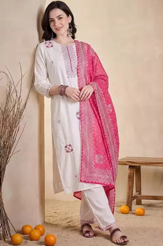 Women Ethnic Motifs Embroidered Regular Thread Work  Cotton Kurta with Trousers & With Dupatta