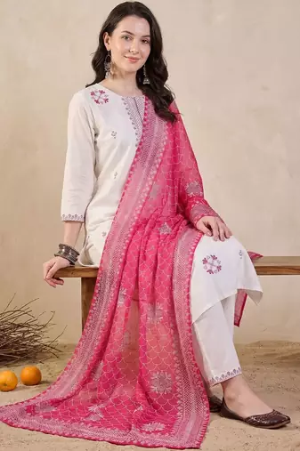 Women Ethnic Motifs Embroidered Regular Thread Work  Cotton Kurta with Trousers & With Dupatta