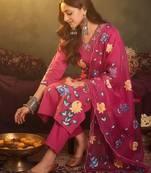 Floral Printed Sraight Thread Work  Cotton Kurta With Trousers & Dupatta