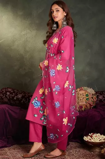 Floral Printed Sraight Thread Work  Cotton Kurta With Trousers & Dupatta